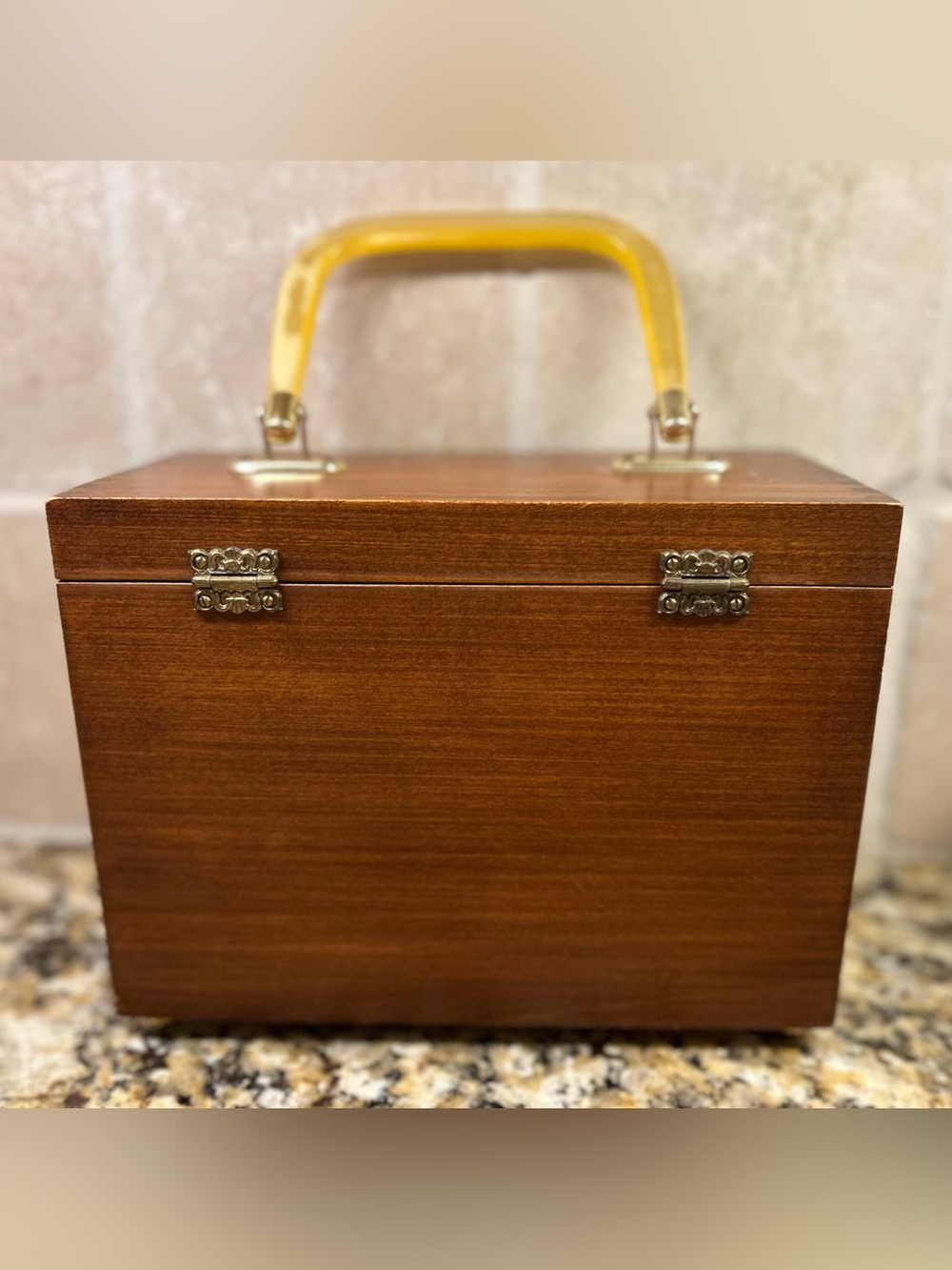 Vintage Style Wooden Owl Box purse with Yellow Handle - Picture 3 of 4